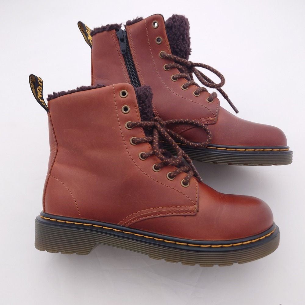 Dr Martens Serena J Boots Kids US 2 Brown Leather Faux Fur Lined Side Zip 1460